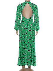 Green Abstract Print Deep Neck Dress