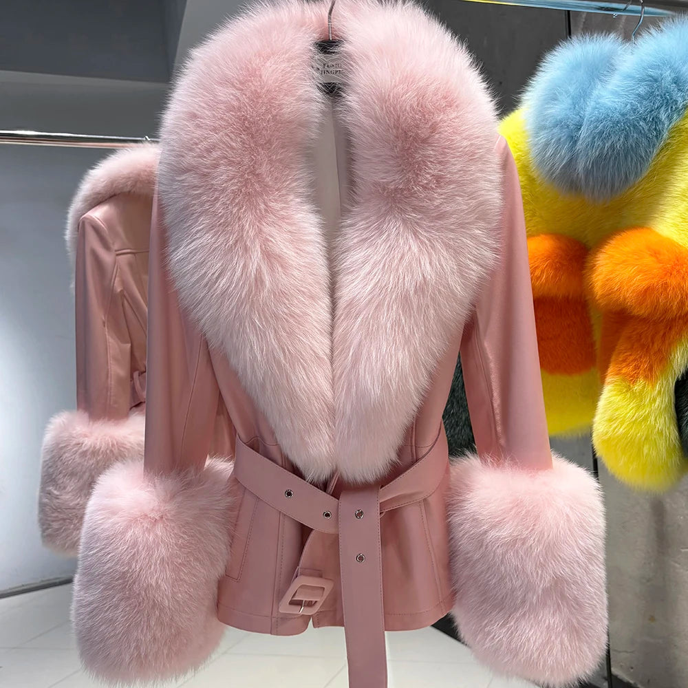 Pink coat with fur trim on a rack