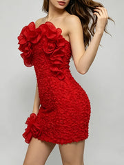 Side view of a strapless ruffled floral mini dress