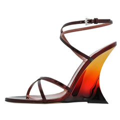 Wine red gradient wedge heel sandal with cross straps and ankle strap