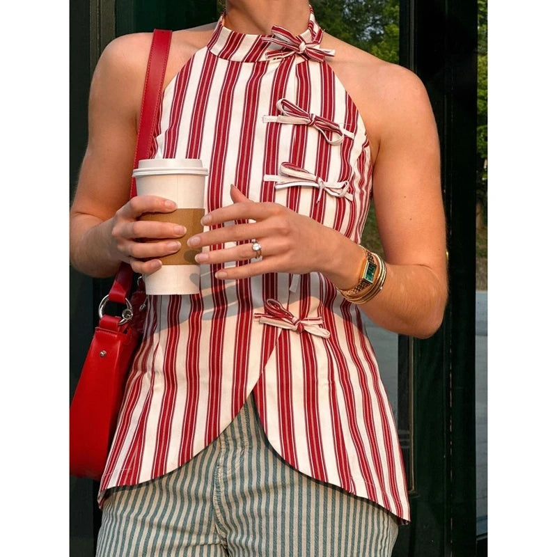 Red and white striped sleeveless top with lace-up front