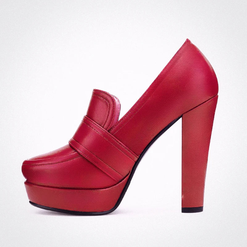Red platform belt buckle round toe heels