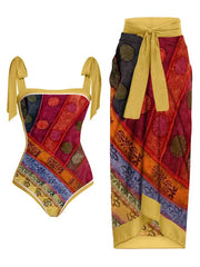 Floral Print Tie-Strap Bikini and Sarong Set