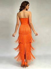 Orange beaded halter neck fringe dress back view