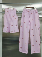 Cherry Print Peplum Top and Wide Leg Pants Set