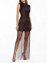 Mock Neck Fringe Maxi Dress