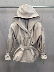 Belted Hooded Double Windbreaker Coat