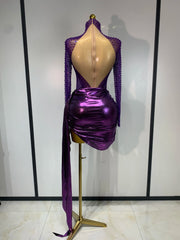 Sequin Sheer Long Sleeve Turtleneck Metallic Draped Mini Dress