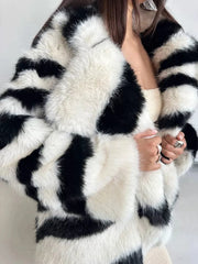 Large Lapel Pocket Zebra Print Thicken Fur Cardigan