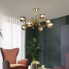  Postmodern glass bubble chandelier with multiple glass spheres and exposed bulbs. Golden Atelier 3