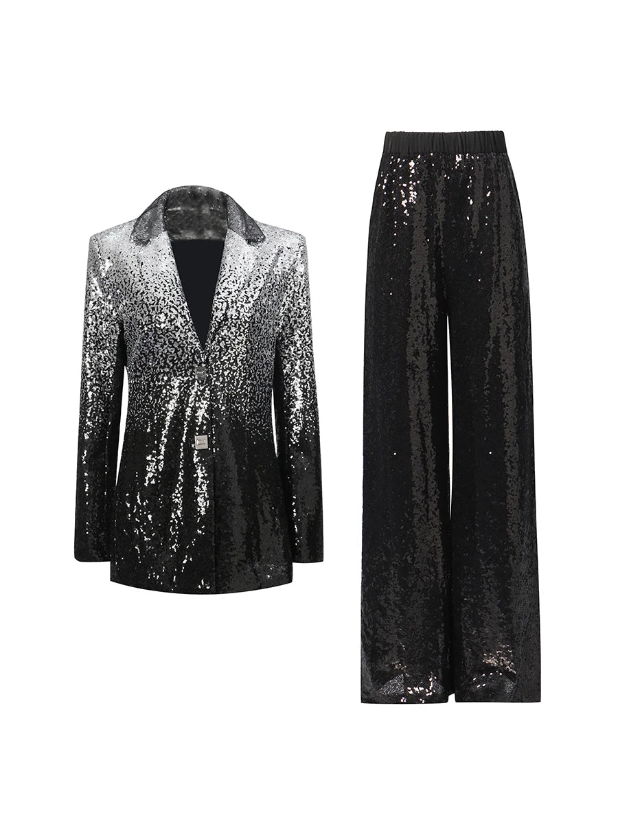 Black sequin blazer and wide-leg pants on a white background