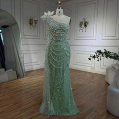 Sage Green Mermaid One Shoulder Pearl Luxury Dubai Arabic Evening Dresses Gown For Women Wedding Party. Golden Atelier  2