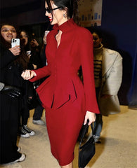 A model wearing the Red  mock neck blazer and pencil mini skirt set, showcasing the full outfit and its flattering fit. Golden Atelier 4