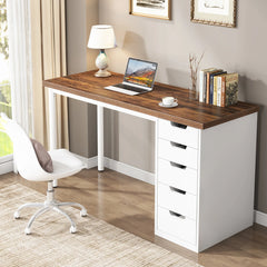 Wooden desk with white drawers in a home office setting