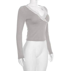 Lace Trim V-Neck Long Sleeve Top