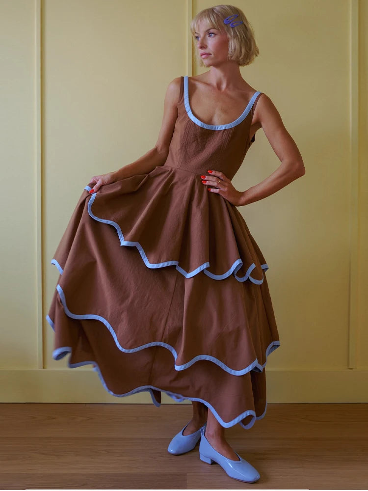 Brown ruffled hem maxi dress with blue trim