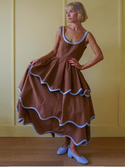 Brown ruffled hem maxi dress with blue trim