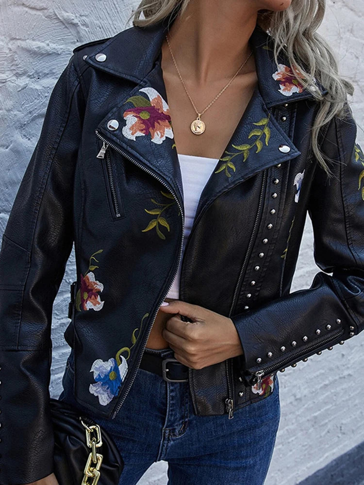 Black Floral Embroidery Faux Soft Leather Rivet Jacket