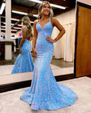 Blue Bling Mermaid Open Back Sweep Train Prom Gowns
