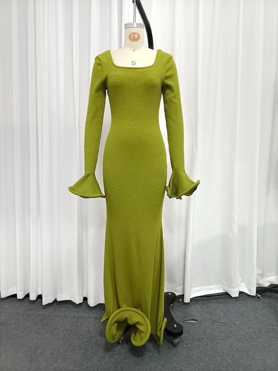 Ribbed square neck maxi dress on mannequin, front view