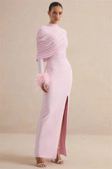 Draped Feather Cuff Maxi Dress