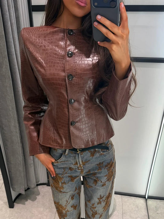 Brown croc embossed faux leather jacket