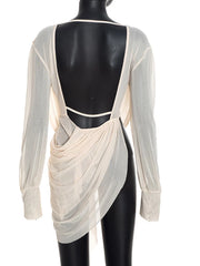 Mesh Draped Plunge Neck Long Sleeve Top