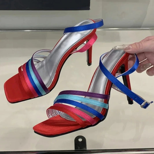 Multi-strap stiletto heel sandal with square open toe