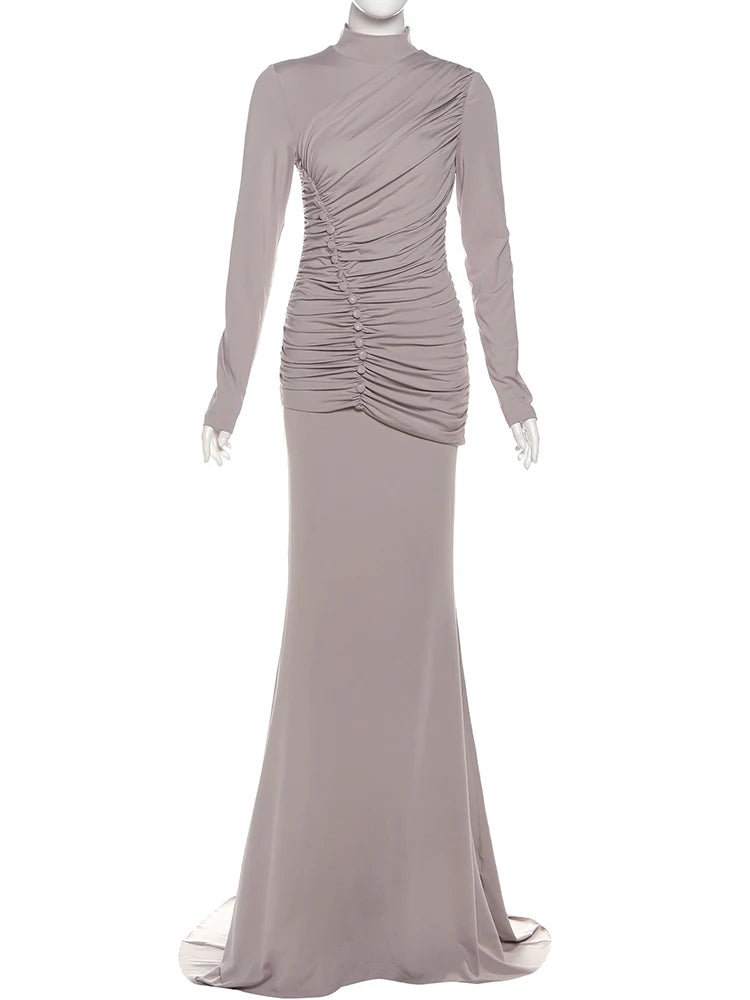 Gray evening gown with ruched bodice on a white background