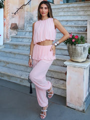 Sleeveless ruched crop top and flowing wide-leg pants set