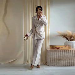 Ruched Waist Gold Buckle Blazer and Wide Leg Pants Set