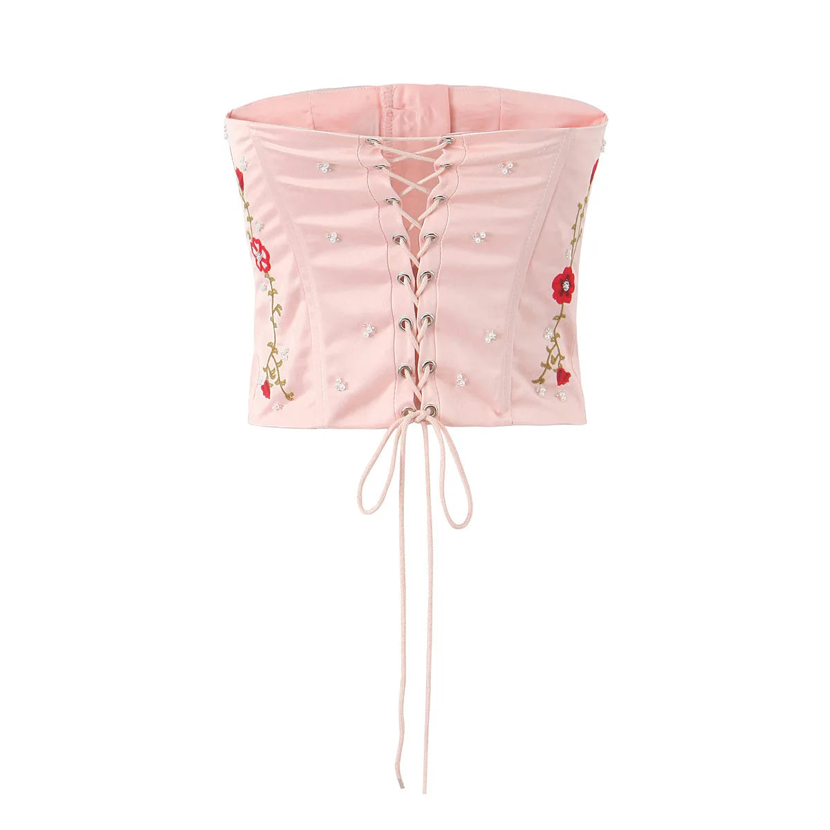 Pink Embroidery Flower Pearl Corset Back Cross Lace-up Tube Top
