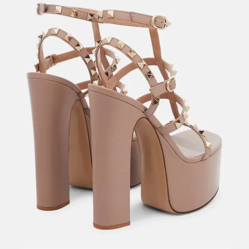 Beige high-heeled platform sandals with studded details 