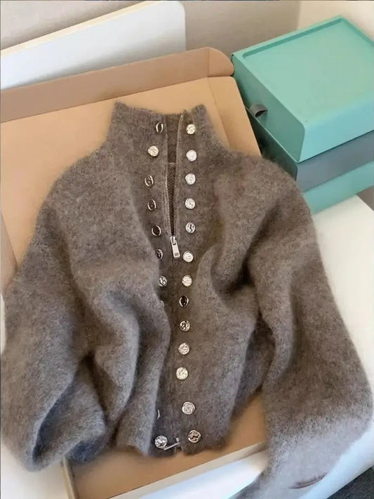 Mock neck zipper button knit top in gray