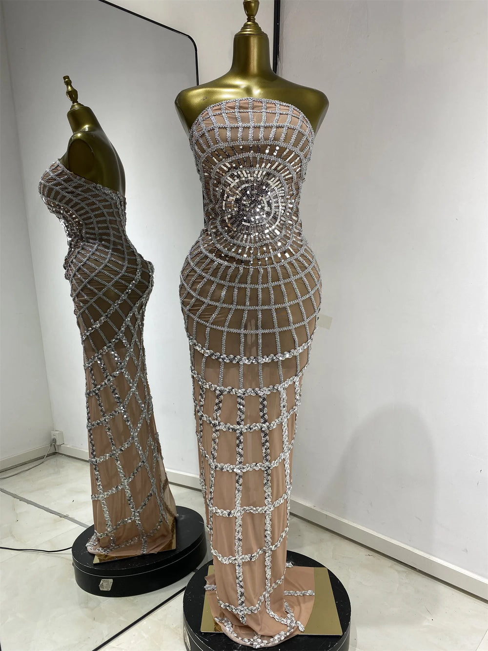 Beige sequined mesh strapless floor-length dress