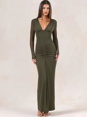 Sequin V-neck Ruched Detail Long Sleeve Maxi Dress