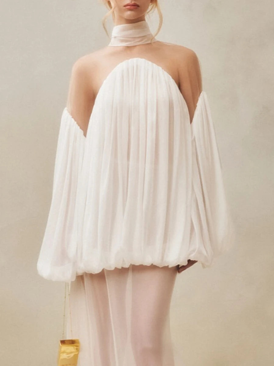 White gathered off-shoulder balloon sleeve top