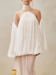 White gathered off-shoulder balloon sleeve top