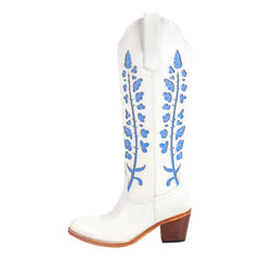 White cowboy boot with blue floral design on a white background