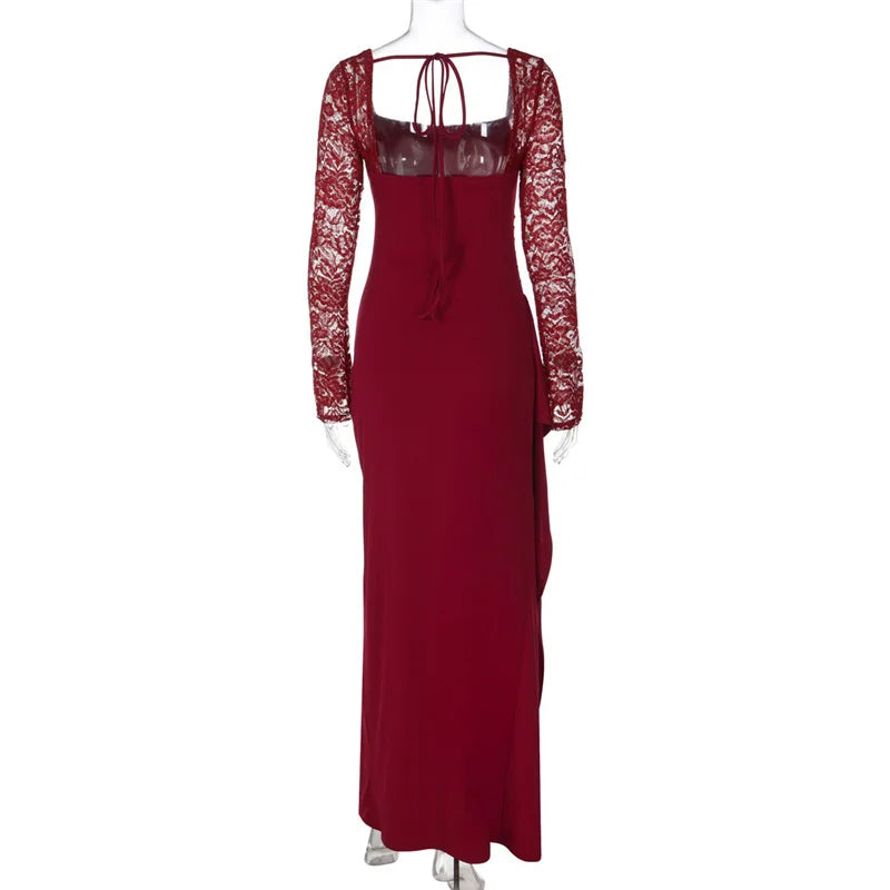 Red evening gown with lace sleeves on a white background