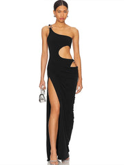  Women's dress with a one-shoulder neckline and cut-out detail.