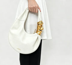 White grained leather face hardware shoulder bag