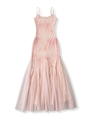 Pink Spaghetti Strap Lace Trim Fishtail Tulle Gown