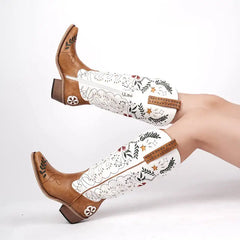 Close-up detail of embroidery on western boots
