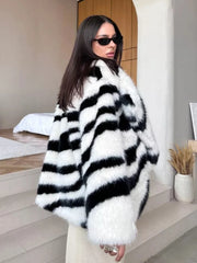 Large Lapel Pocket Zebra Print Thicken Fur Cardigan