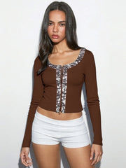 Sequin Patchwork O-neck Long Sleeve Top