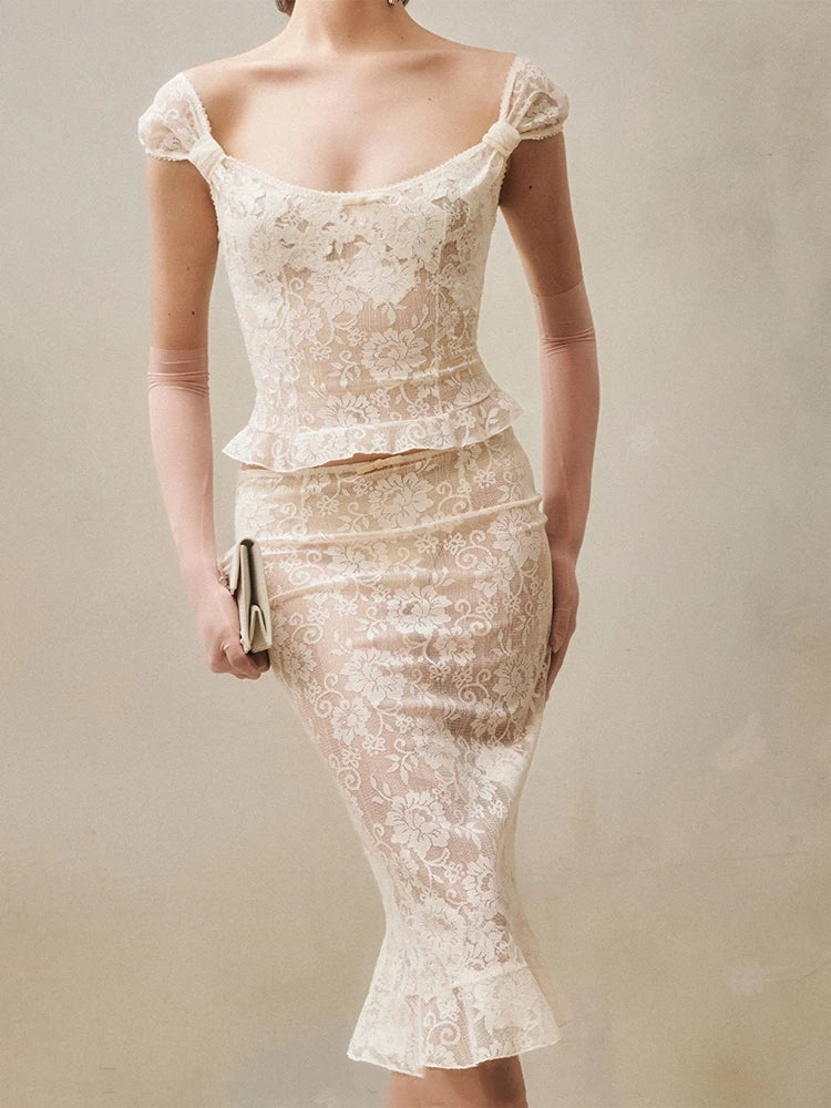 Lace ruffle top and midi skirt set