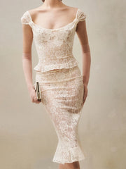 Lace ruffle top and midi skirt set