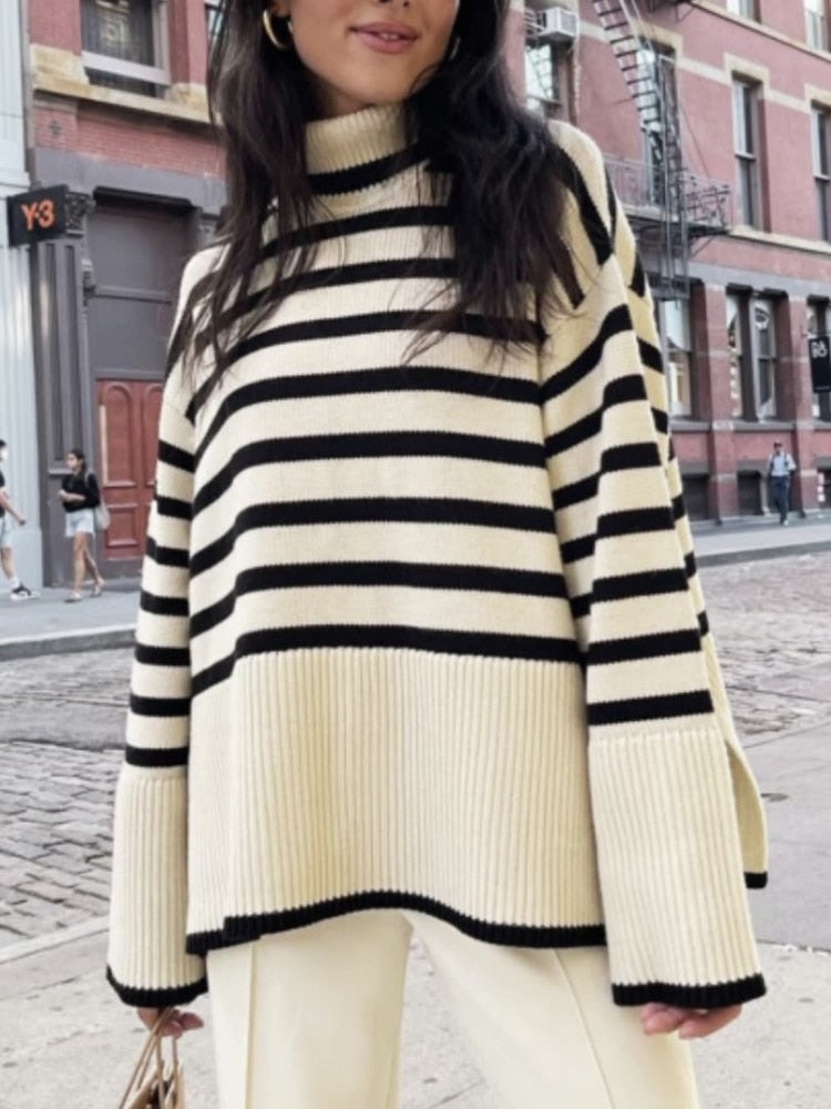 Women’s Long Sleeves Turtleneck Striped Loose Pullover