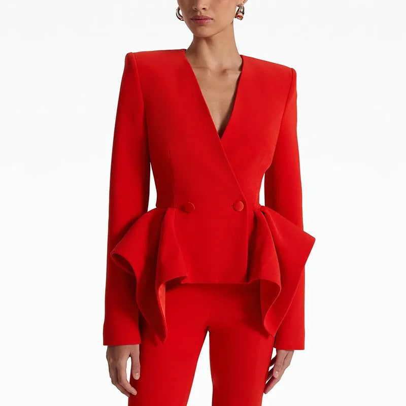 Red peplum blazer and flare trousers suit set